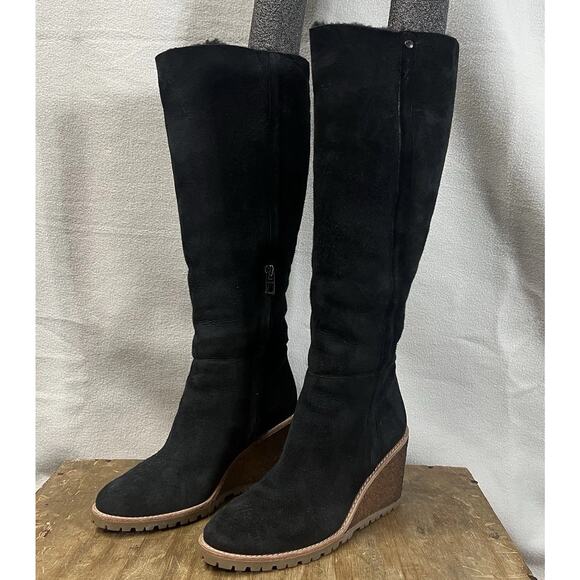 Coach Keely Knee Boots Suede Leather Shearling Lined Wedge Heel Womens 6.5 Black - Picture 1 of 16
